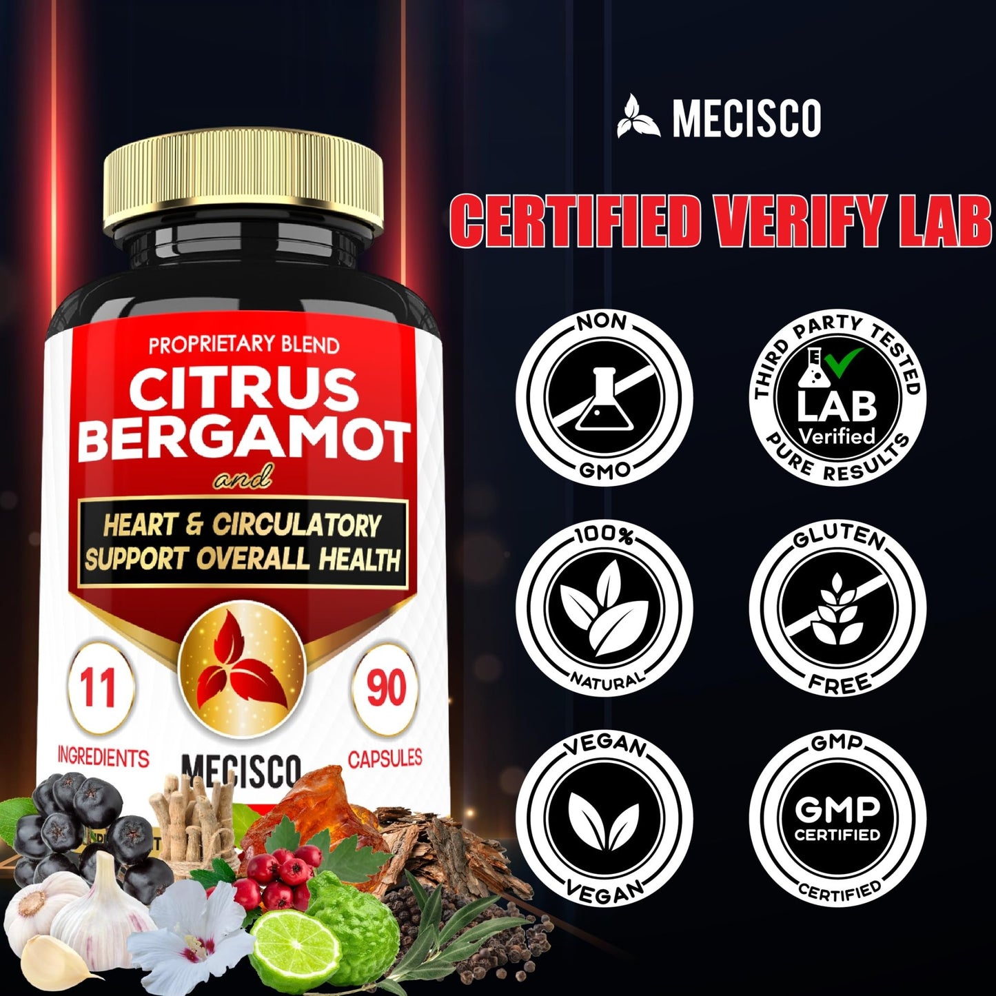 Mecisco 11 in 1 Citrus Bergamot Supplement 1000mg with Black Chokeberry, Berberine HCl & More - 90 Capsules - Supports Heart Health, Immune System, Energy Production - dailyvitalstore