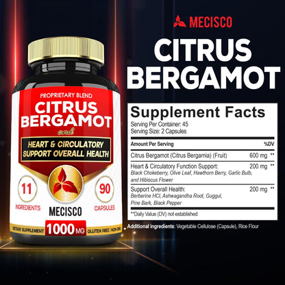 Mecisco 11 in 1 Citrus Bergamot Supplement 1000mg with Black Chokeberry, Berberine HCl & More - 90 Capsules - Supports Heart Health, Immune System, Energy Production - dailyvitalstore