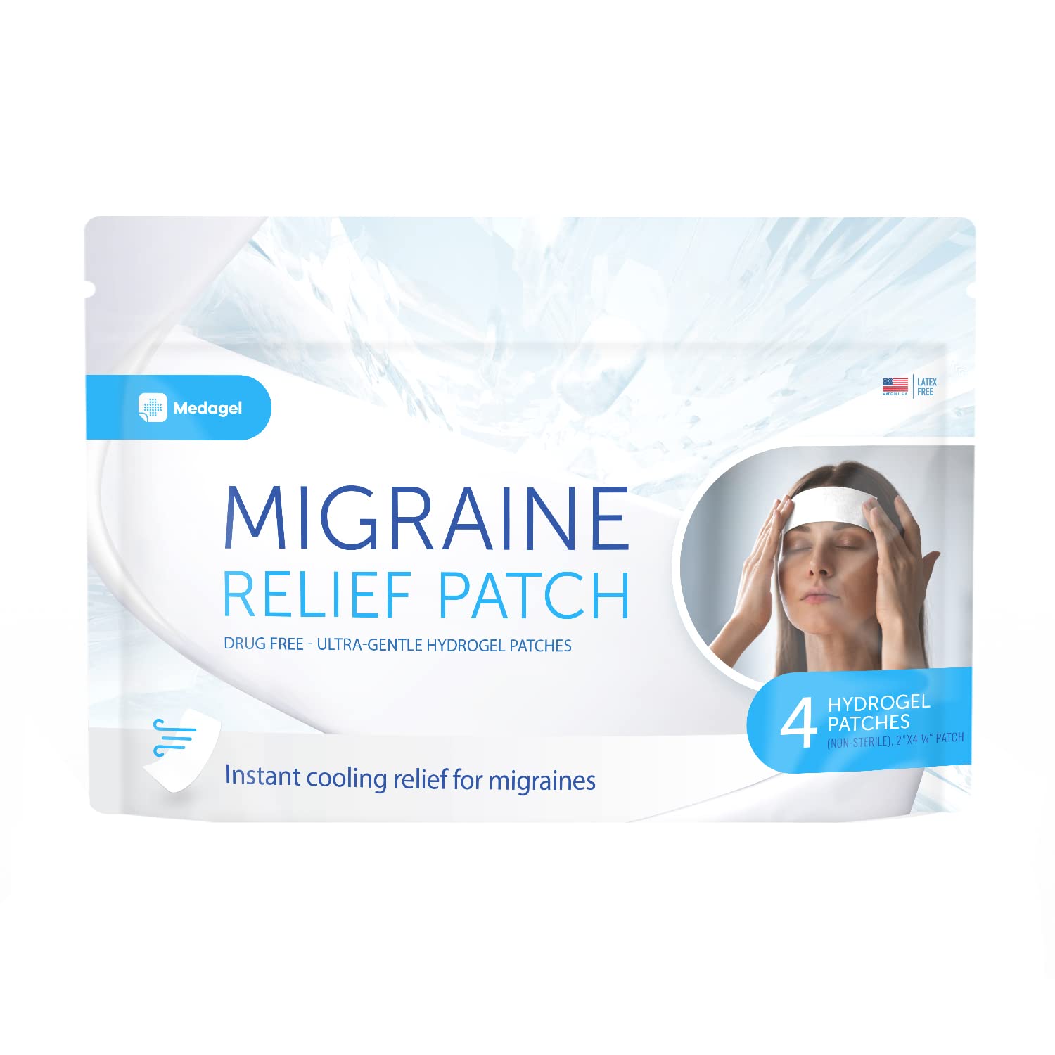 Medagel Migraine Relief Patch, Cooling Patches for Migraine, Fever, Hormone, & Headaches, Mess & Odor-Free Hydrogel Cooling, Made in The USA, 1 Pack (4 x Patches) White - dailyvitalstore