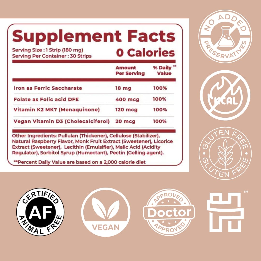 MedHugs NutriHugs Blood and Bone Support - Iron, Folate, Vitamin D3 and K2 - Fast-Dissolving Oral Thin Film Strips - Non-Constipating Iron - Vegan, Sugar-Free, Non-GMO - 30 Strips - dailyvitalstore