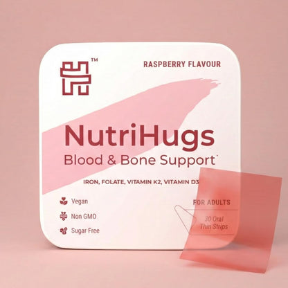 MedHugs NutriHugs Blood and Bone Support - Iron, Folate, Vitamin D3 and K2 - Fast-Dissolving Oral Thin Film Strips - Non-Constipating Iron - Vegan, Sugar-Free, Non-GMO - 30 Strips - dailyvitalstore