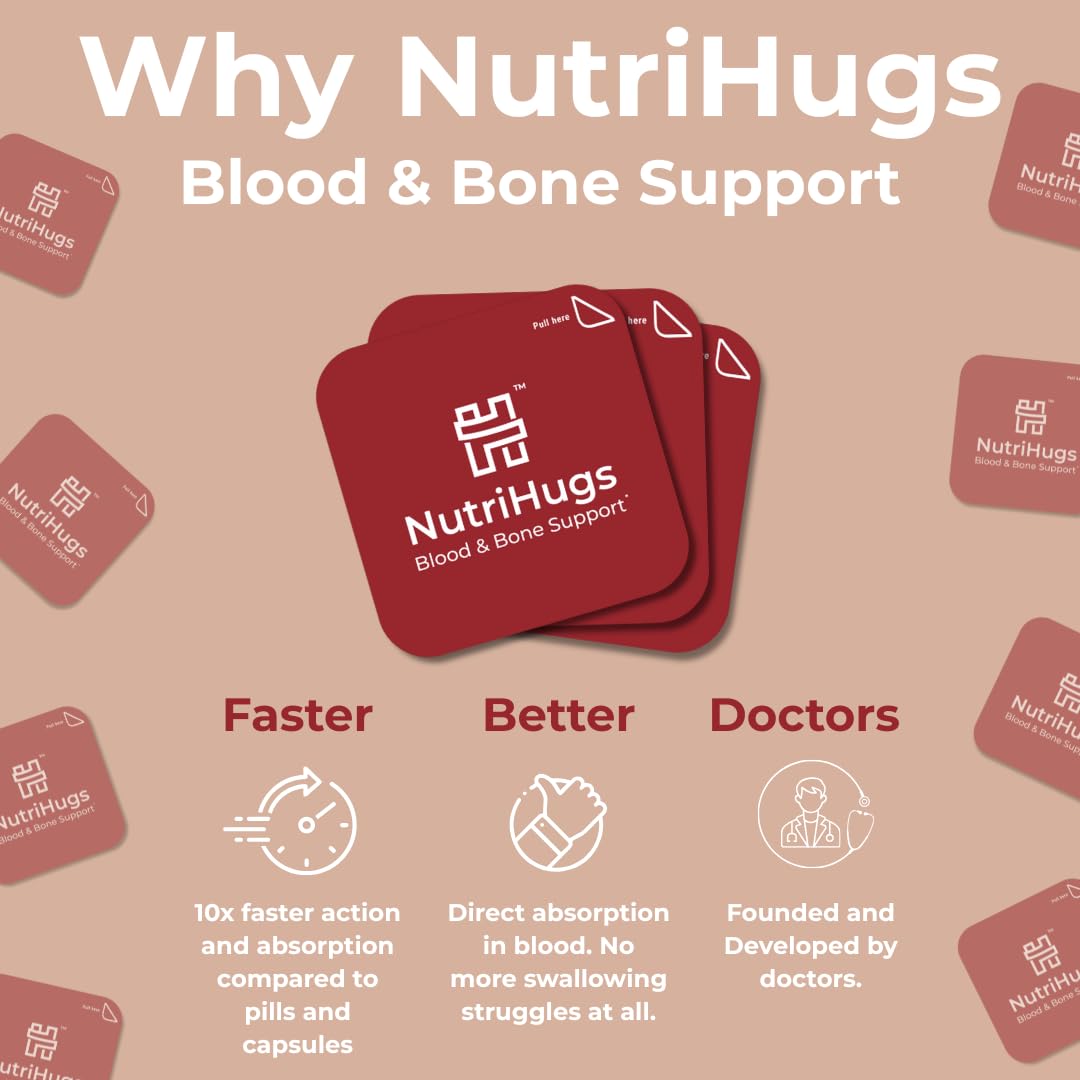 MedHugs NutriHugs Blood and Bone Support - Iron, Folate, Vitamin D3 and K2 - Fast-Dissolving Oral Thin Film Strips - Non-Constipating Iron - Vegan, Sugar-Free, Non-GMO - 30 Strips - dailyvitalstore
