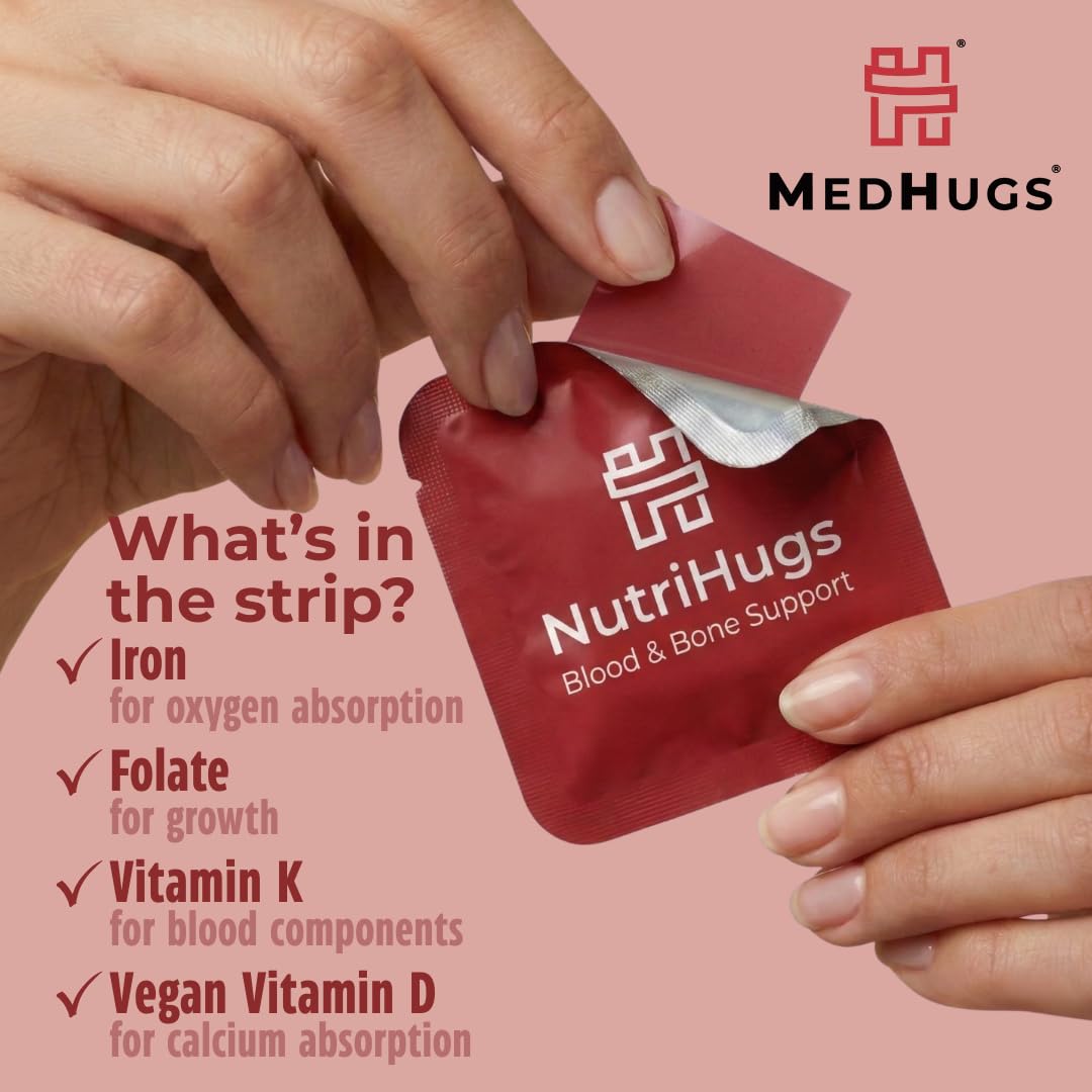 MedHugs NutriHugs Blood and Bone Support - Iron, Folate, Vitamin D3 and K2 - Fast-Dissolving Oral Thin Film Strips - Non-Constipating Iron - Vegan, Sugar-Free, Non-GMO - 30 Strips - dailyvitalstore
