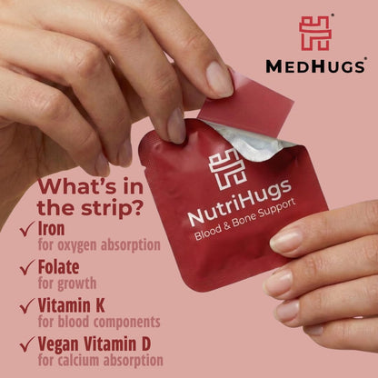 MedHugs NutriHugs Blood and Bone Support - Iron, Folate, Vitamin D3 and K2 - Fast-Dissolving Oral Thin Film Strips - Non-Constipating Iron - Vegan, Sugar-Free, Non-GMO - 30 Strips - dailyvitalstore