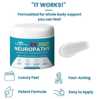 Medical Miracles Neuropathy Cream 2X Strength | Nerve Therapy Max Potency Relief for Feet, Hands, Legs, Toes - Arnica, Vitamin B6, Aloe Vera, MSM - Crafted for Exceptional Relief 4oz - dailyvitalstore