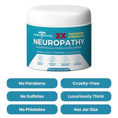 Medical Miracles Neuropathy Cream 2X Strength | Nerve Therapy Max Potency Relief for Feet, Hands, Legs, Toes - Arnica, Vitamin B6, Aloe Vera, MSM - Crafted for Exceptional Relief 4oz - dailyvitalstore