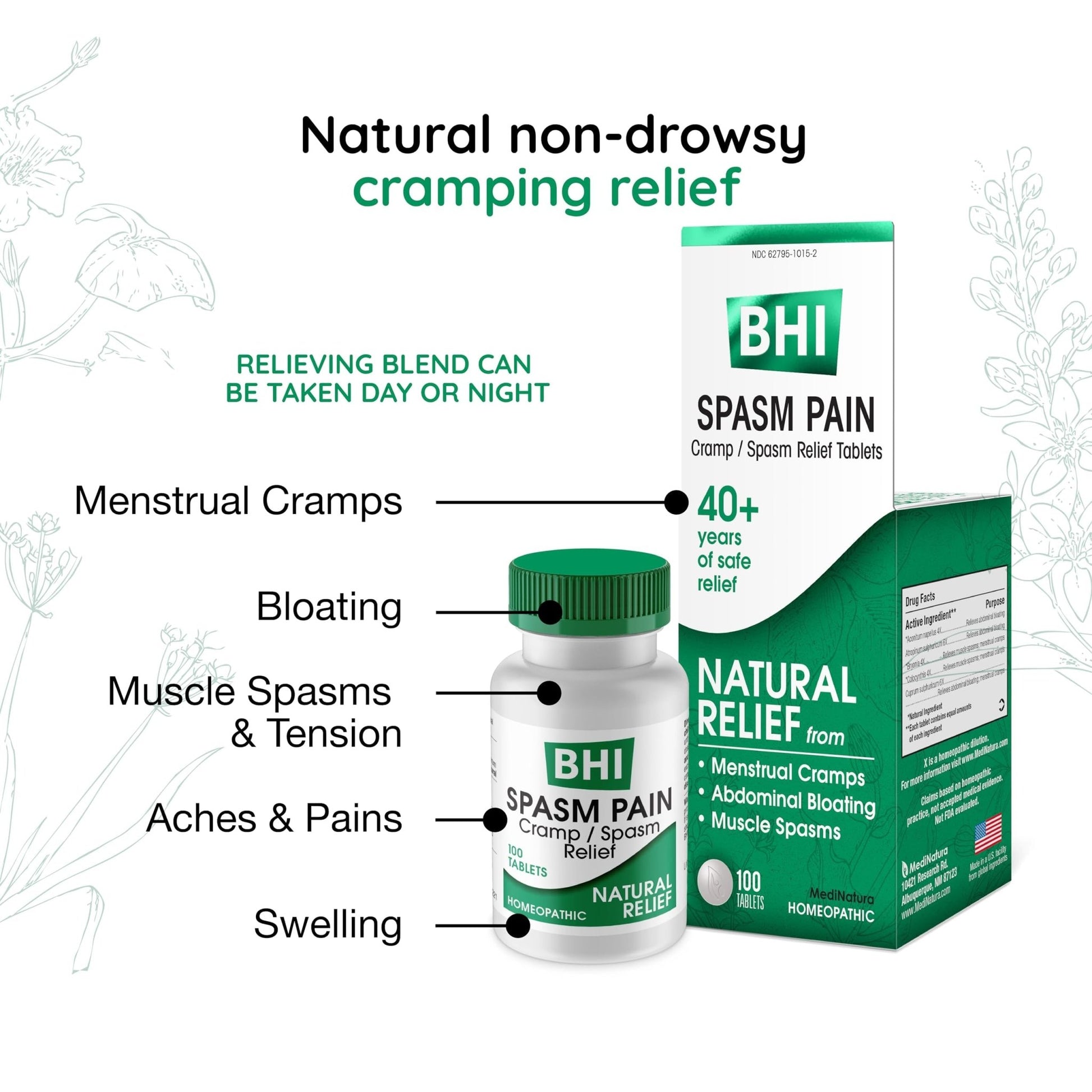 MediNatura BHI Spasm/Cramp Relief - Muscle Spasm Tablets for Full-Body Cramp Support - Menstrual Support - Non-Drowsy - Quick-Dissolve - Non-Addictive - Natural Ingredients - 100 Count - dailyvitalstore