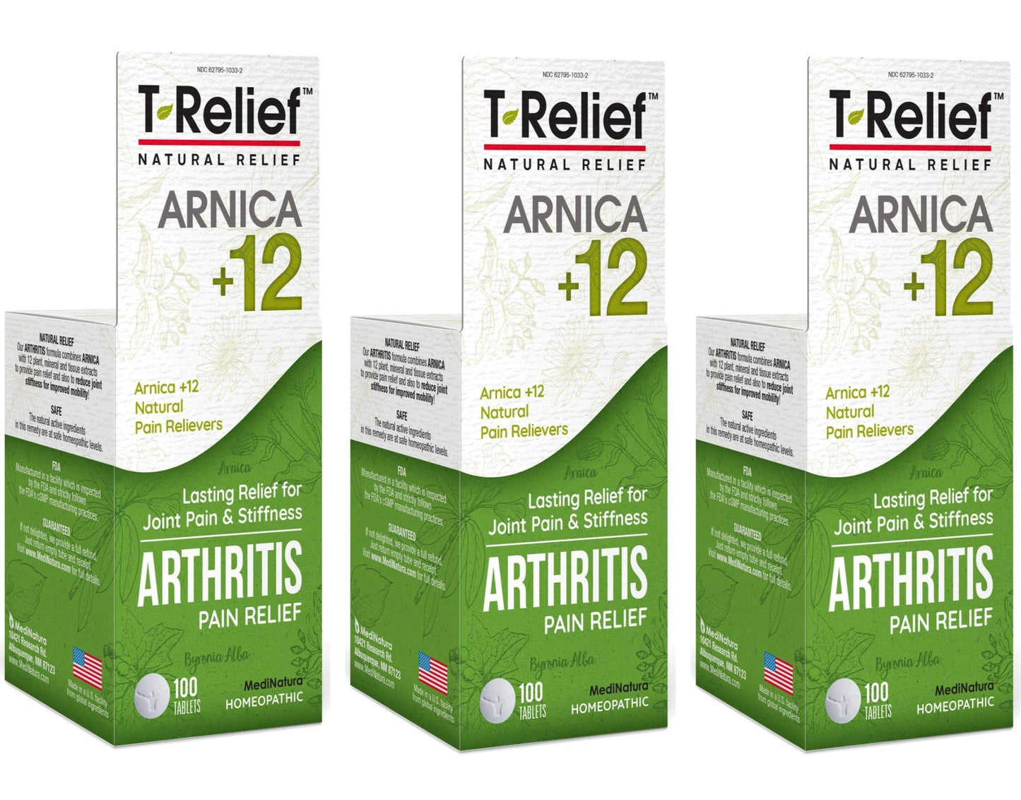 MediNatura T-Relief Extra Strength Arthritis Pain Reliever Arnica +12 Natural Medicines for Joint Soreness Stiffness Aches, Quick Dissolving Pain Relief for Women & Men - 100 Tablets (Pack of 3) - dailyvitalstore