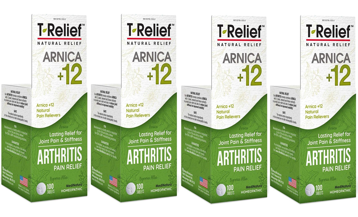 MediNatura T-Relief Extra Strength Arthritis Pain Reliever Arnica +12 Natural Medicines for Joint Soreness Stiffness Aches, Quick Dissolving Pain Relief for Women & Men - 100 Tablets (4 Pack) - dailyvitalstore