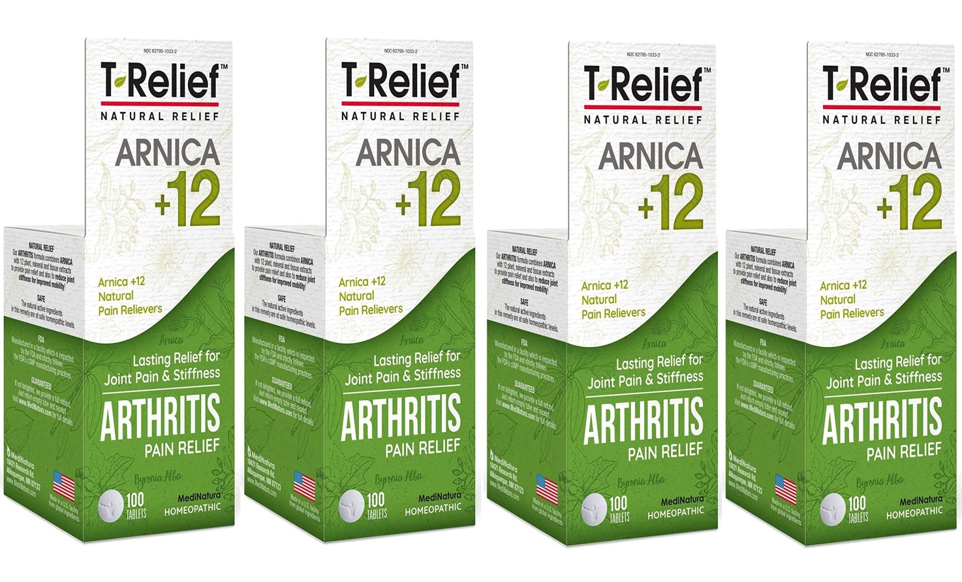 MediNatura T-Relief Extra Strength Arthritis Pain Reliever Arnica +12 Natural Medicines for Joint Soreness Stiffness Aches, Quick Dissolving Pain Relief for Women & Men - 100 Tablets (4 Pack) - dailyvitalstore