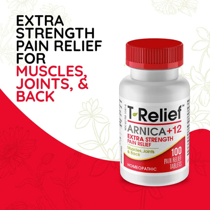 MediNatura T-Relief Extra Strength Pain Relief Arnica +12 Natural Relieving Actives for Back Pain Joint Soreness Muscle Aches & Stiffness, Whole Body Fast-Acting Relief for Women & Men - 100 Tablets - dailyvitalstore