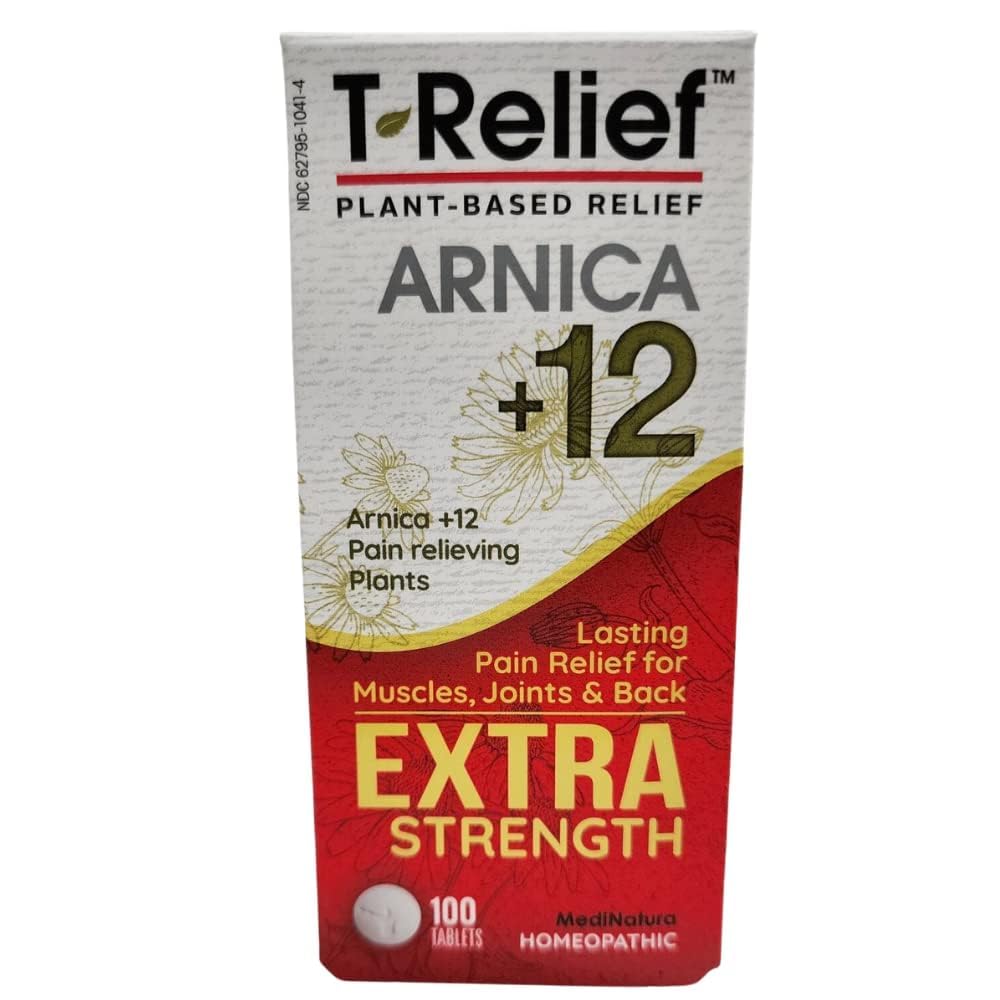 MediNatura T-Relief Extra Strength Pain Relief Arnica +12 Natural Relieving Actives for Back Pain Joint Soreness Muscle Aches & Stiffness, Whole Body Fast-Acting Relief for Women & Men - 100 Tablets - dailyvitalstore