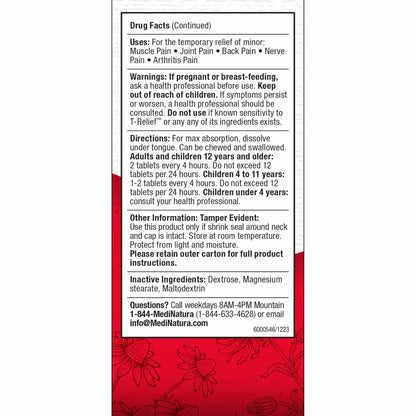 MediNatura T-Relief Pain - Arnica Medication for Naturally Soothing Body Aches - Supports Muscle, Joint & Back Relief - Chewable Tablets - Plant-Based Tablets - Non-Addictive - 100 Count - 2 Pack - dailyvitalstore