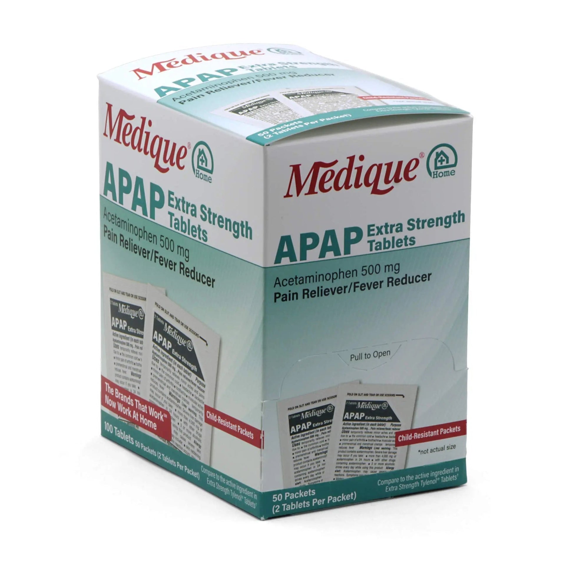 Medique @ Home 70433 Extra Strength APAP Tablets, Non-Aspirin, 50 Packets (2 Tablets per Packet) Total-100 Count - dailyvitalstore