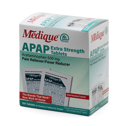Medique @ Home 70433 Extra Strength APAP Tablets, Non-Aspirin, 50 Packets (2 Tablets per Packet) Total-100 Count - dailyvitalstore