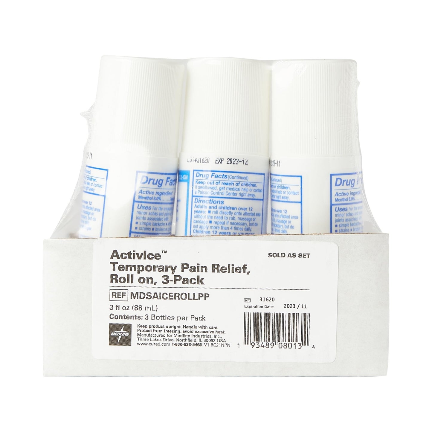 Medline ActivICE Roll-On Cooling Gel, Topical Pain Relief for Arthritis, Joint, Muscle, Back & Body Aches & Pain, 3 oz (3 Count) - dailyvitalstore
