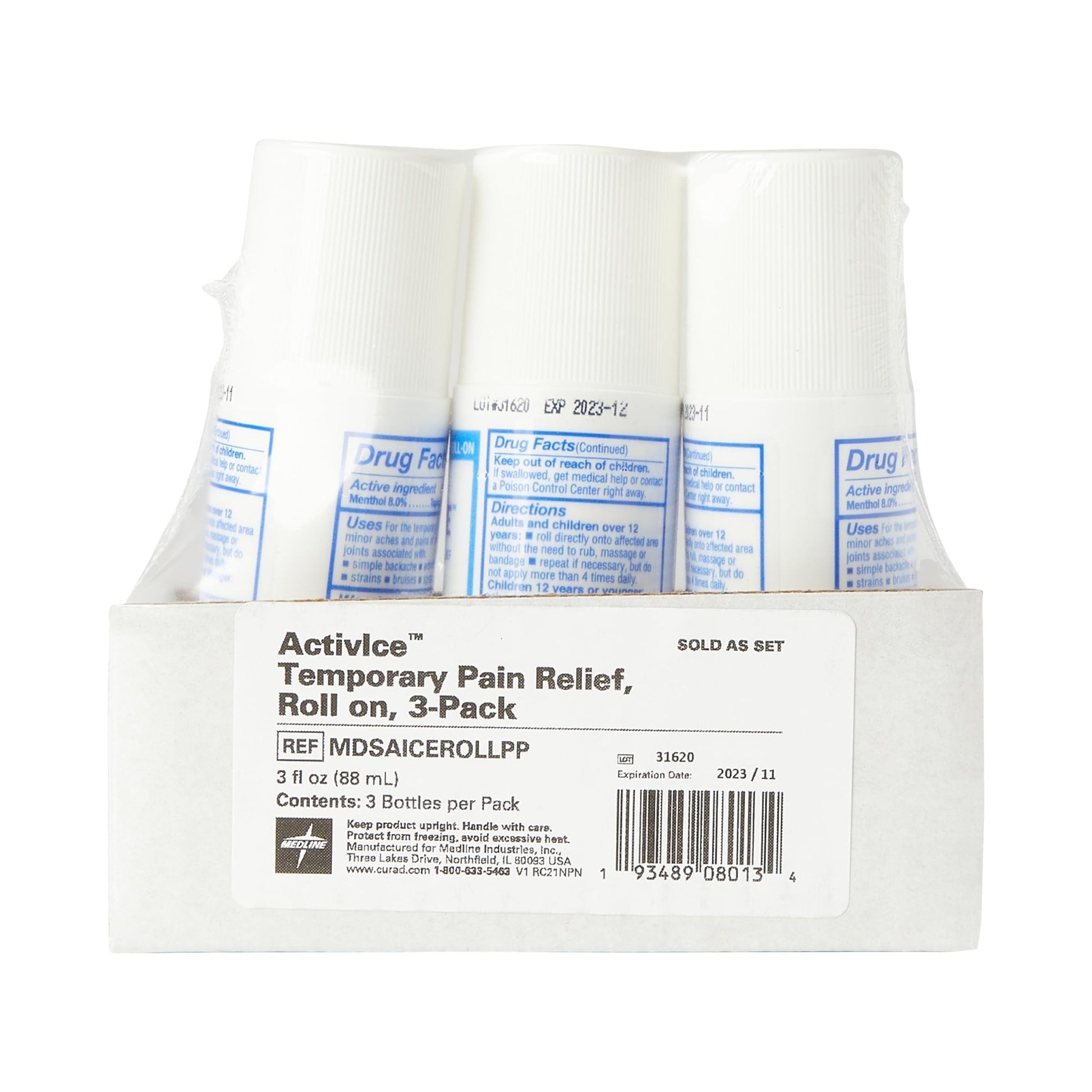 Medline ActivICE Roll-On Cooling Gel, Topical Pain Relief for Arthritis, Joint, Muscle, Back & Body Aches & Pain, 3 oz (3 Count) - dailyvitalstore