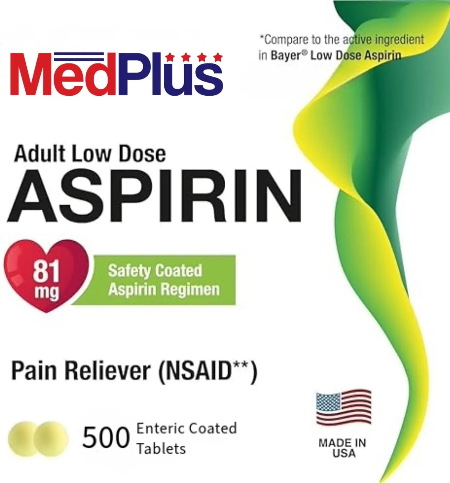 MedPlus Low Dose Aspirin 81 mg - 500 Tablets | Enteric Coated | Pain Reliever for Minor Aches and Pains, Fever Reducer - Made in USA - dailyvitalstore