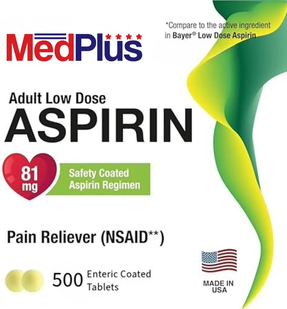 MedPlus Low Dose Aspirin 81 mg - 500 Tablets | Enteric Coated | Pain Reliever for Minor Aches and Pains, Fever Reducer - Made in USA - dailyvitalstore