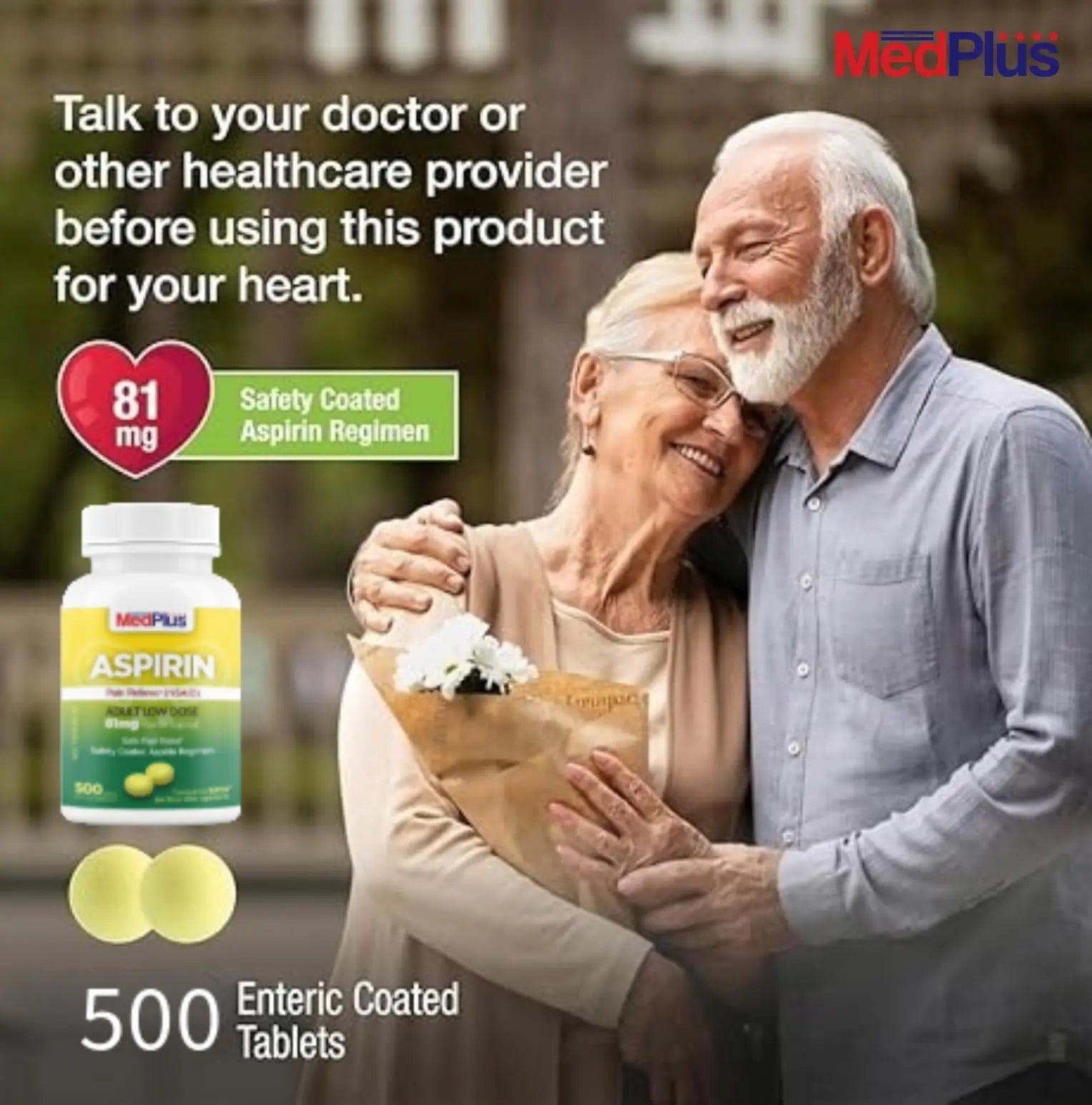 MedPlus Low Dose Aspirin 81 mg - 500 Tablets | Enteric Coated | Pain Reliever for Minor Aches and Pains, Fever Reducer - Made in USA - dailyvitalstore