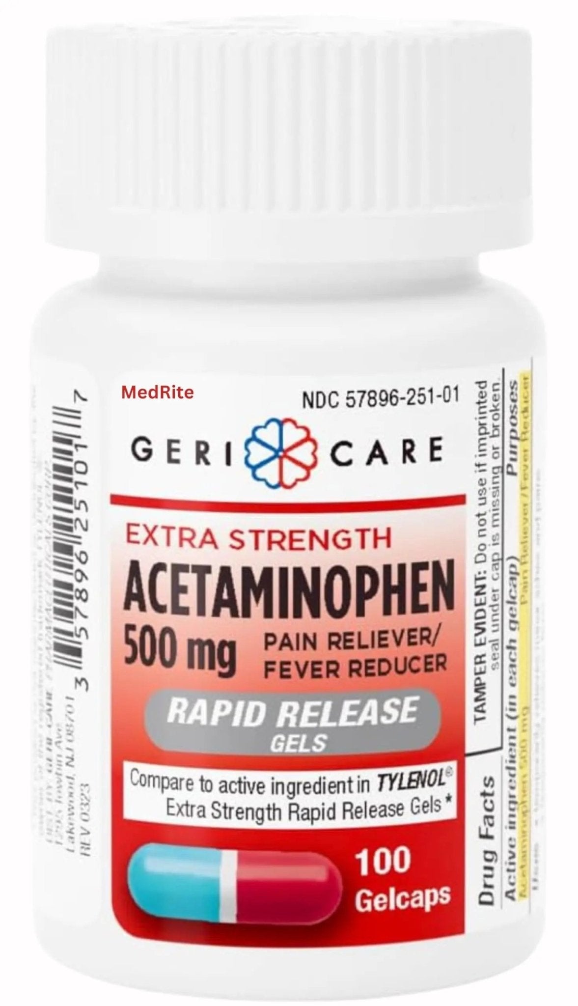 MedRite Acetaminophen 500mg Extra Strength - 100 Rapid Release Gelcaps - Over-The-Counter Medication - dailyvitalstore