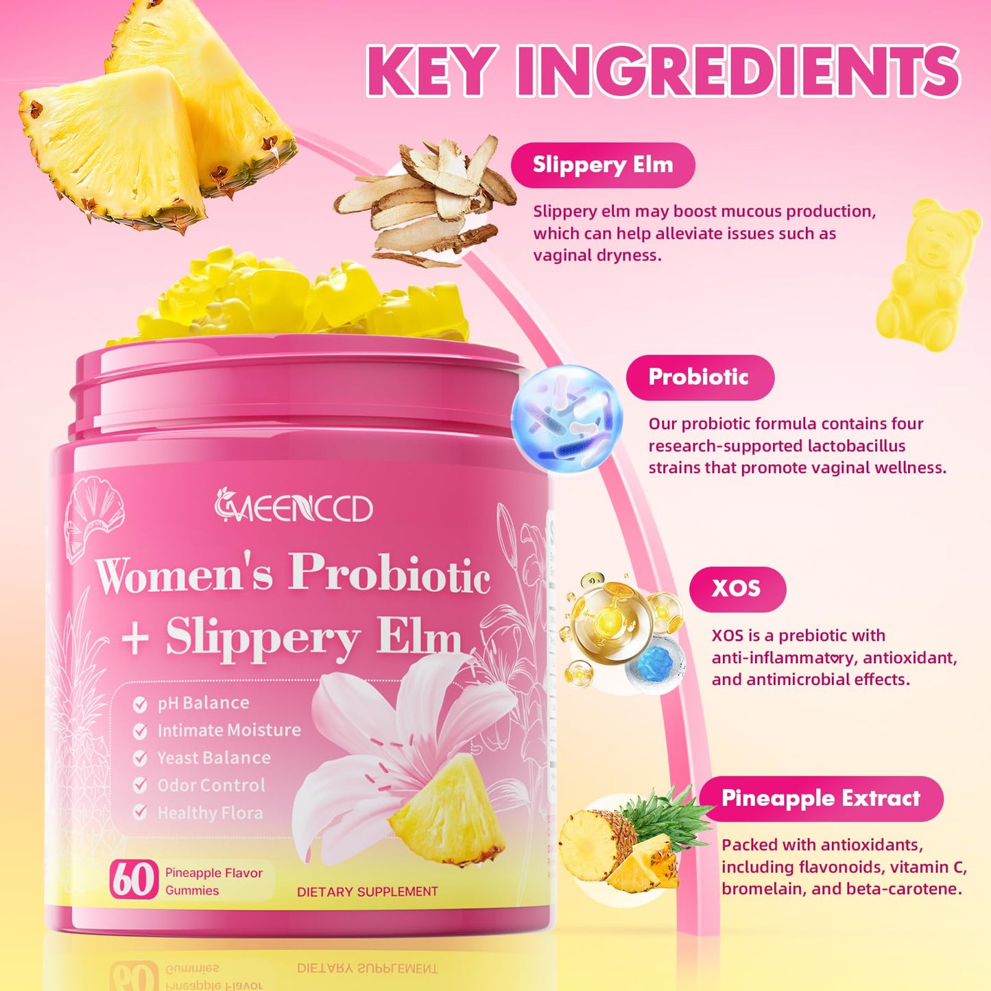 MEENCCD Her Juicy Feminine Probiotics Gummies with Slippery Elm & Lactobacillus Blend, Supports pH Balance & Immune Function, Promotes Vaginal Wellness, Pineapple Flavor, 60 Count - dailyvitalstore
