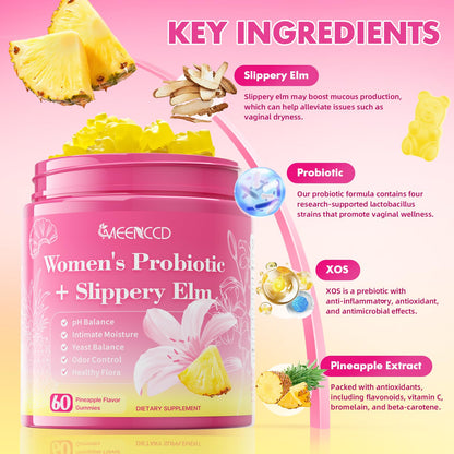 MEENCCD Her Juicy Feminine Probiotics Gummies with Slippery Elm & Lactobacillus Blend, Supports pH Balance & Immune Function, Promotes Vaginal Wellness, Pineapple Flavor, 60 Count - dailyvitalstore