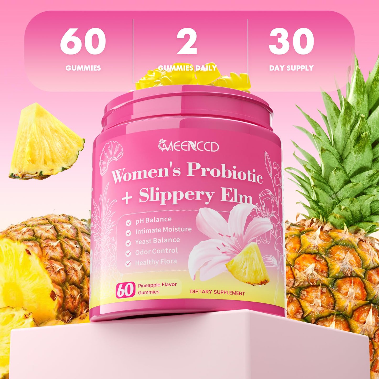 MEENCCD Her Juicy Feminine Probiotics Gummies with Slippery Elm & Lactobacillus Blend, Supports pH Balance & Immune Function, Promotes Vaginal Wellness, Pineapple Flavor, 60 Count - dailyvitalstore