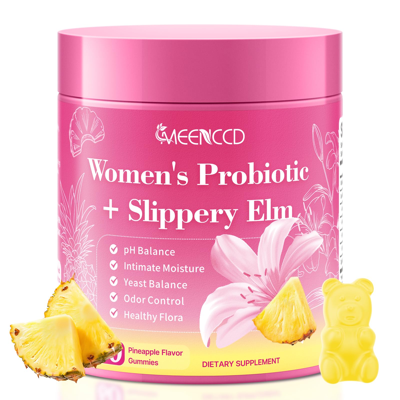 MEENCCD Her Juicy Feminine Probiotics Gummies with Slippery Elm & Lactobacillus Blend, Supports pH Balance & Immune Function, Promotes Vaginal Wellness, Pineapple Flavor, 60 Count - dailyvitalstore