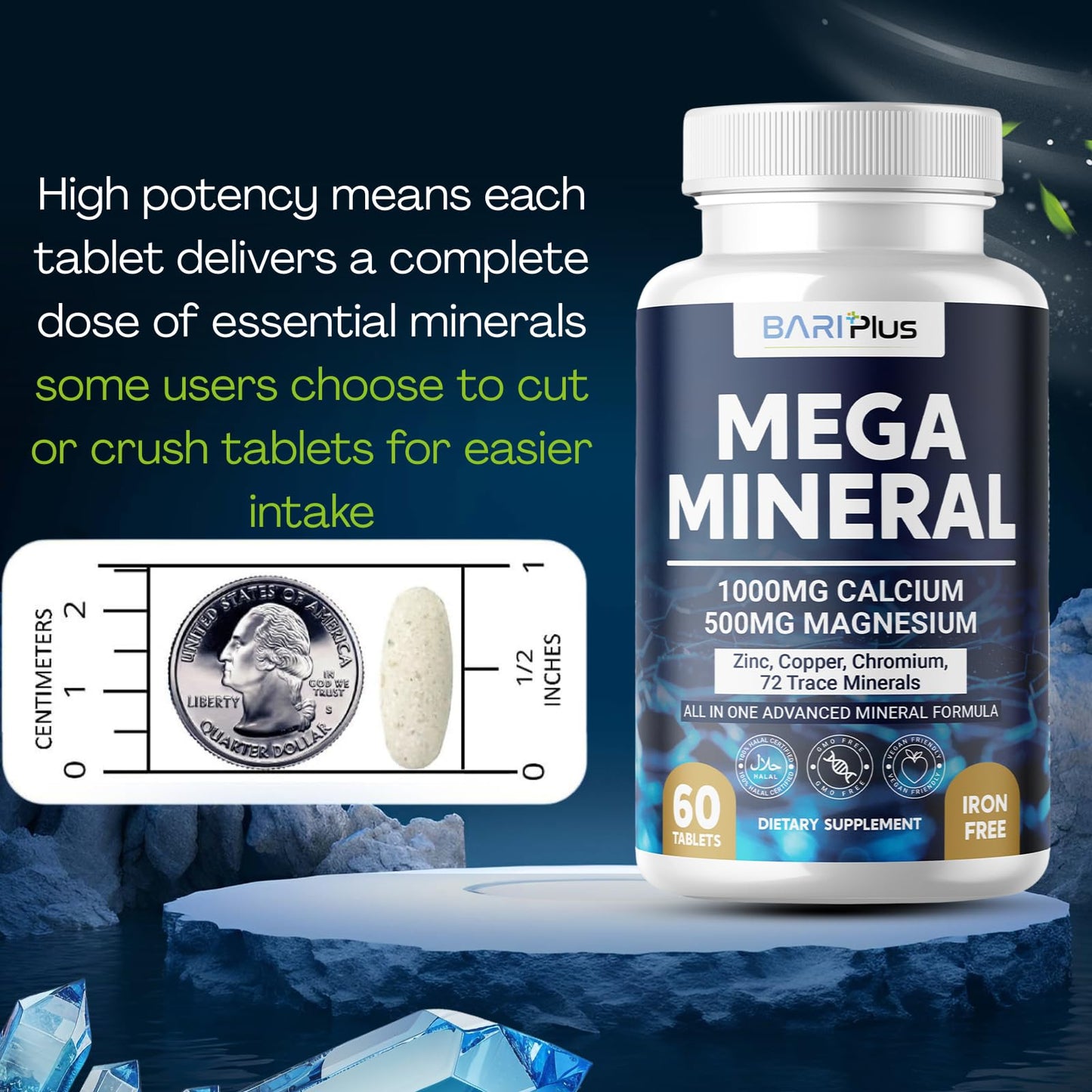 Mega Mineral – Complete Complex with Vitamin D, Calcium, Magnesium, Zinc, Potassium, Boron, Selenium, Chromium & Trace Minerals – Iron-Free – USA Made – 60 Tablets - dailyvitalstore
