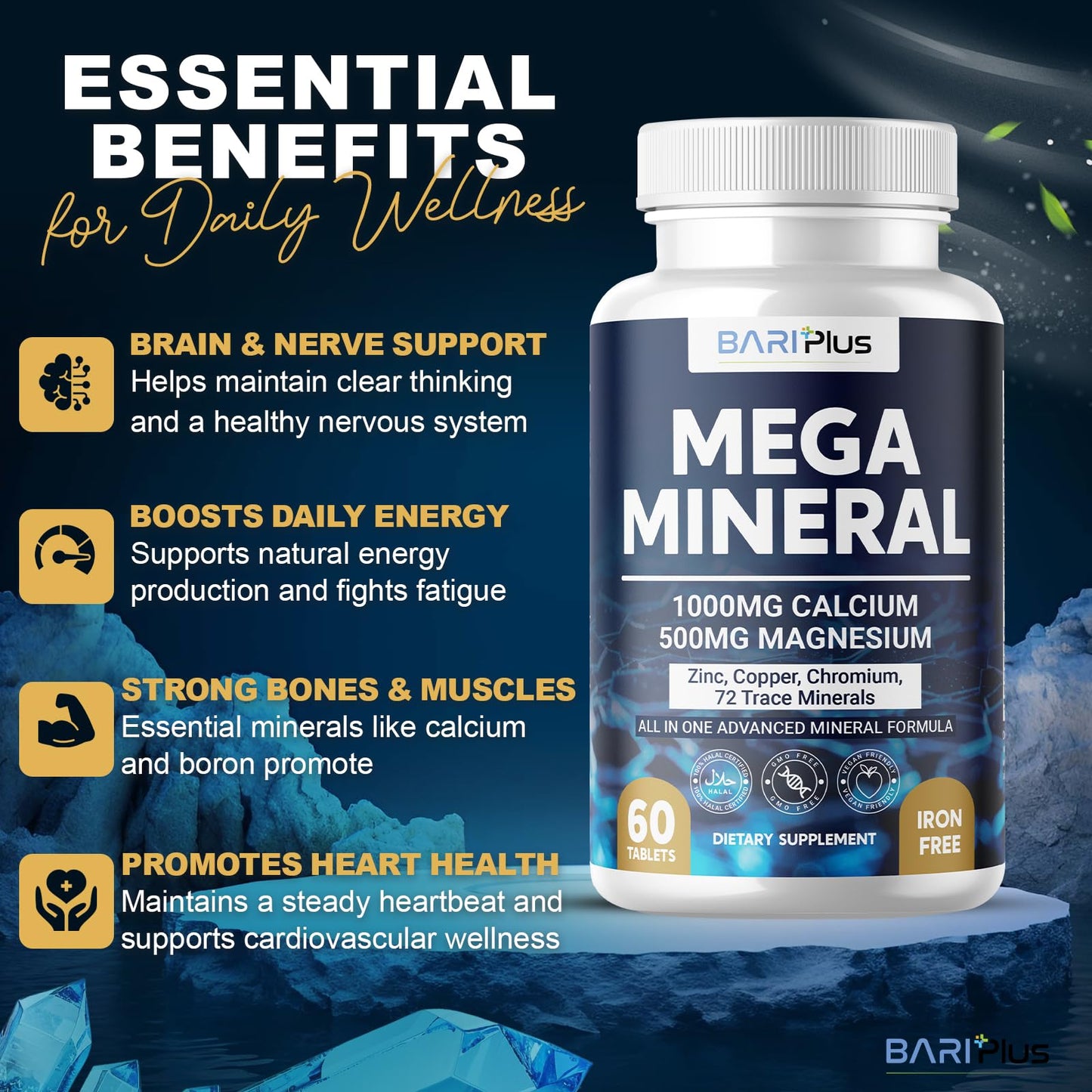 Mega Mineral – Complete Complex with Vitamin D, Calcium, Magnesium, Zinc, Potassium, Boron, Selenium, Chromium & Trace Minerals – Iron-Free – USA Made – 60 Tablets - dailyvitalstore