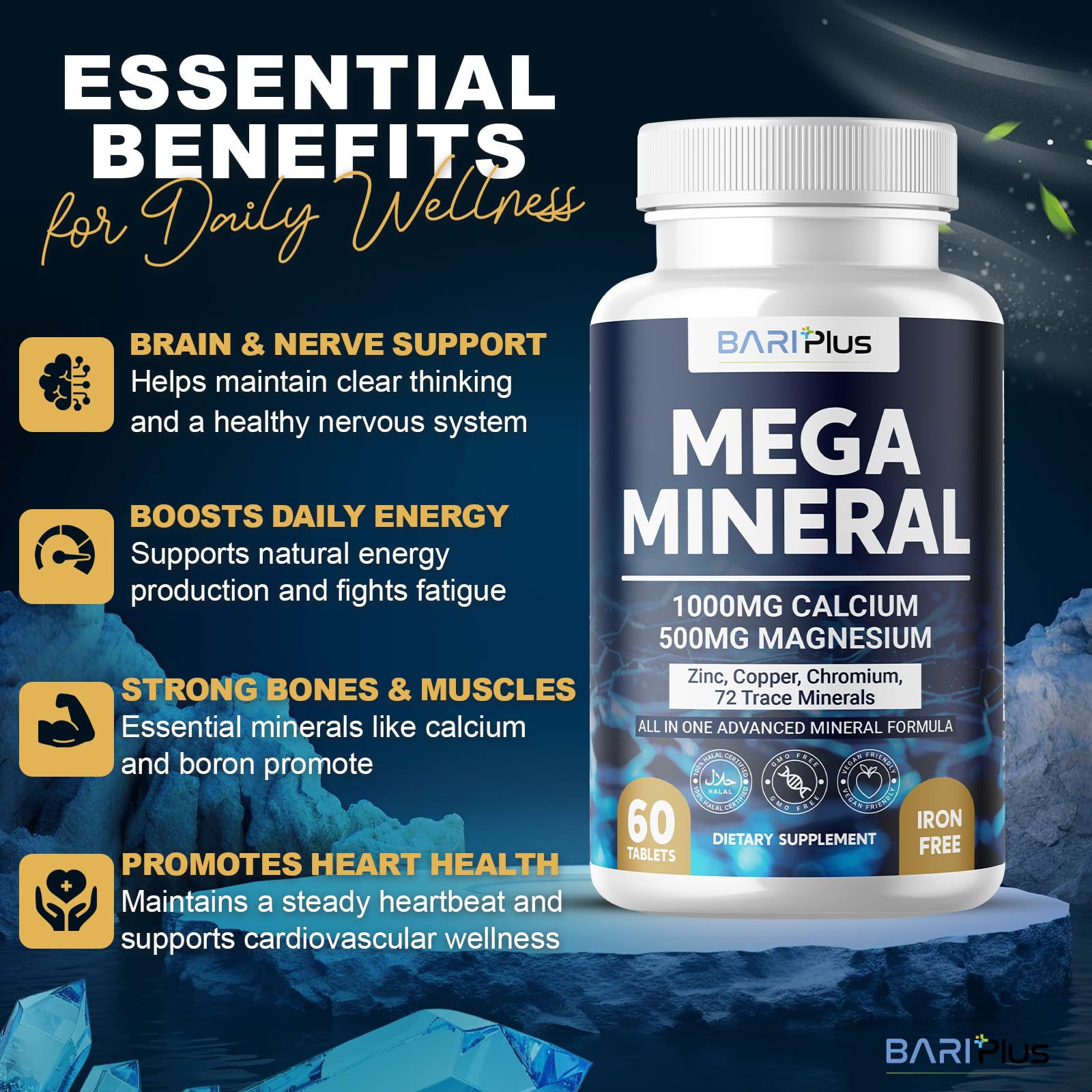 Mega Mineral – Complete Complex with Vitamin D, Calcium, Magnesium, Zinc, Potassium, Boron, Selenium, Chromium & Trace Minerals – Iron-Free – USA Made – 60 Tablets - dailyvitalstore