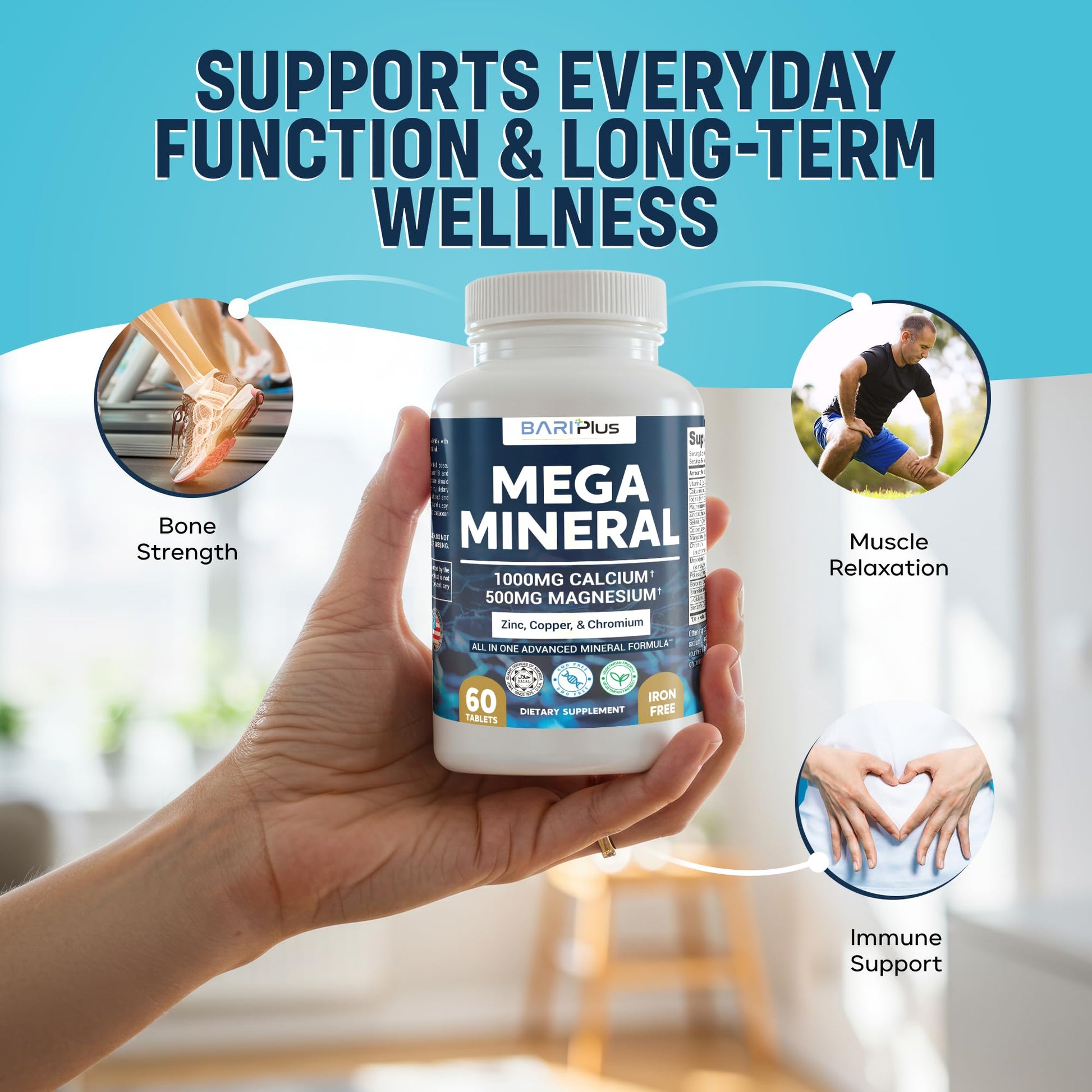 Mega Mineral – Complete Complex with Vitamin D, Calcium, Magnesium, Zinc, Potassium, Boron, Selenium, Chromium & Trace Minerals – Iron-Free – USA Made – 60 Tablets - dailyvitalstore