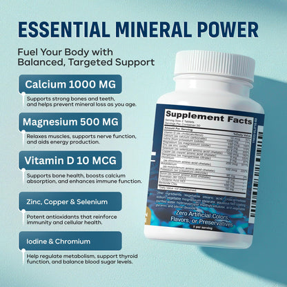 Mega Mineral – Complete Complex with Vitamin D, Calcium, Magnesium, Zinc, Potassium, Boron, Selenium, Chromium & Trace Minerals – Iron-Free – USA Made – 60 Tablets - dailyvitalstore