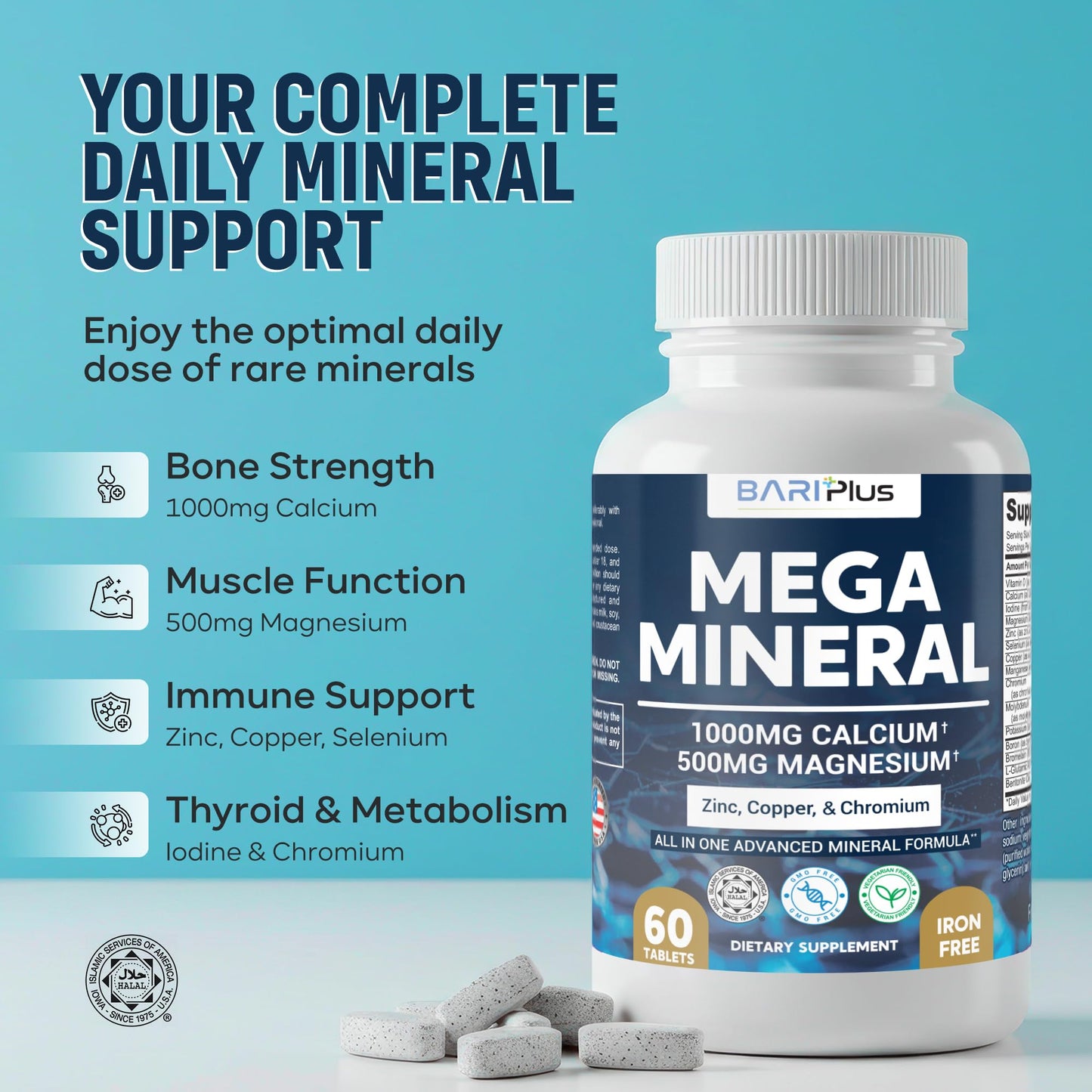 Mega Mineral – Complete Complex with Vitamin D, Calcium, Magnesium, Zinc, Potassium, Boron, Selenium, Chromium & Trace Minerals – Iron-Free – USA Made – 60 Tablets - dailyvitalstore