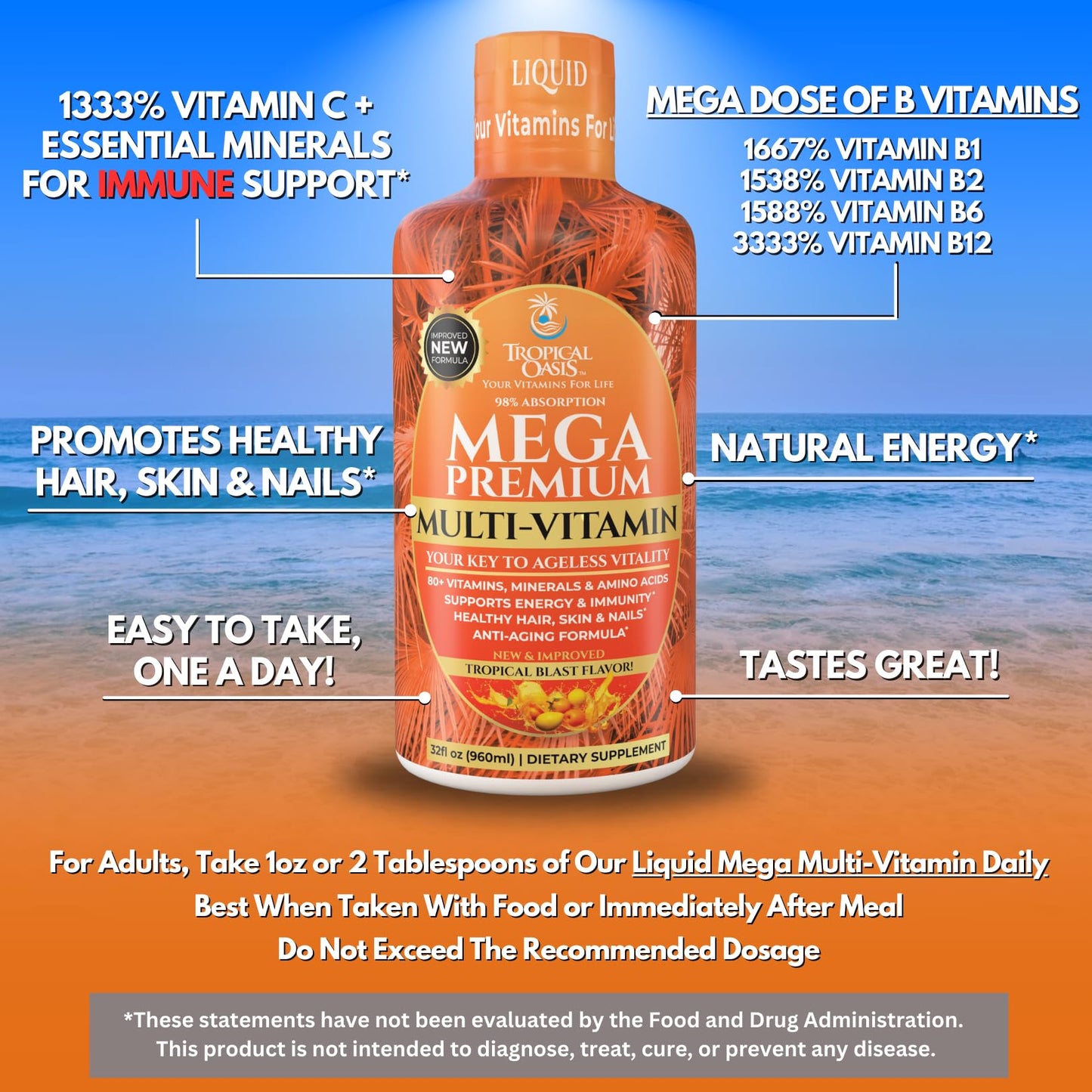 Mega Premium Liquid Multivitamin | Natural Immune Support Vitamin w/ 1333% Vitamin C, 200% D3, Zinc + 20 Vitamins, 70 Minerals, & 21 Amino Acids | Sugar Free - dailyvitalstore