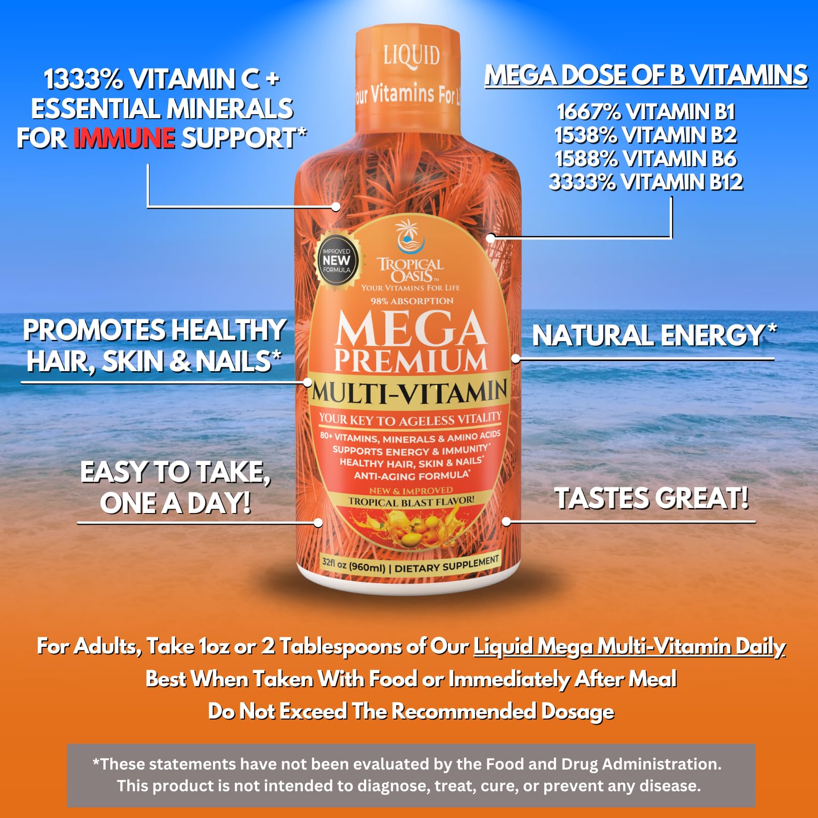 Mega Premium Liquid Multivitamin | Natural Immune Support Vitamin w/ 1333% Vitamin C, 200% D3, Zinc + 20 Vitamins, 70 Minerals, & 21 Amino Acids | Sugar Free - dailyvitalstore