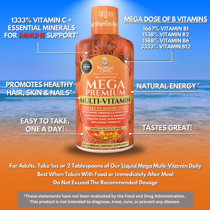 Mega Premium Liquid Multivitamin | Natural Immune Support Vitamin w/ 1333% Vitamin C, 200% D3, Zinc + 20 Vitamins, 70 Minerals, & 21 Amino Acids | Sugar Free - dailyvitalstore