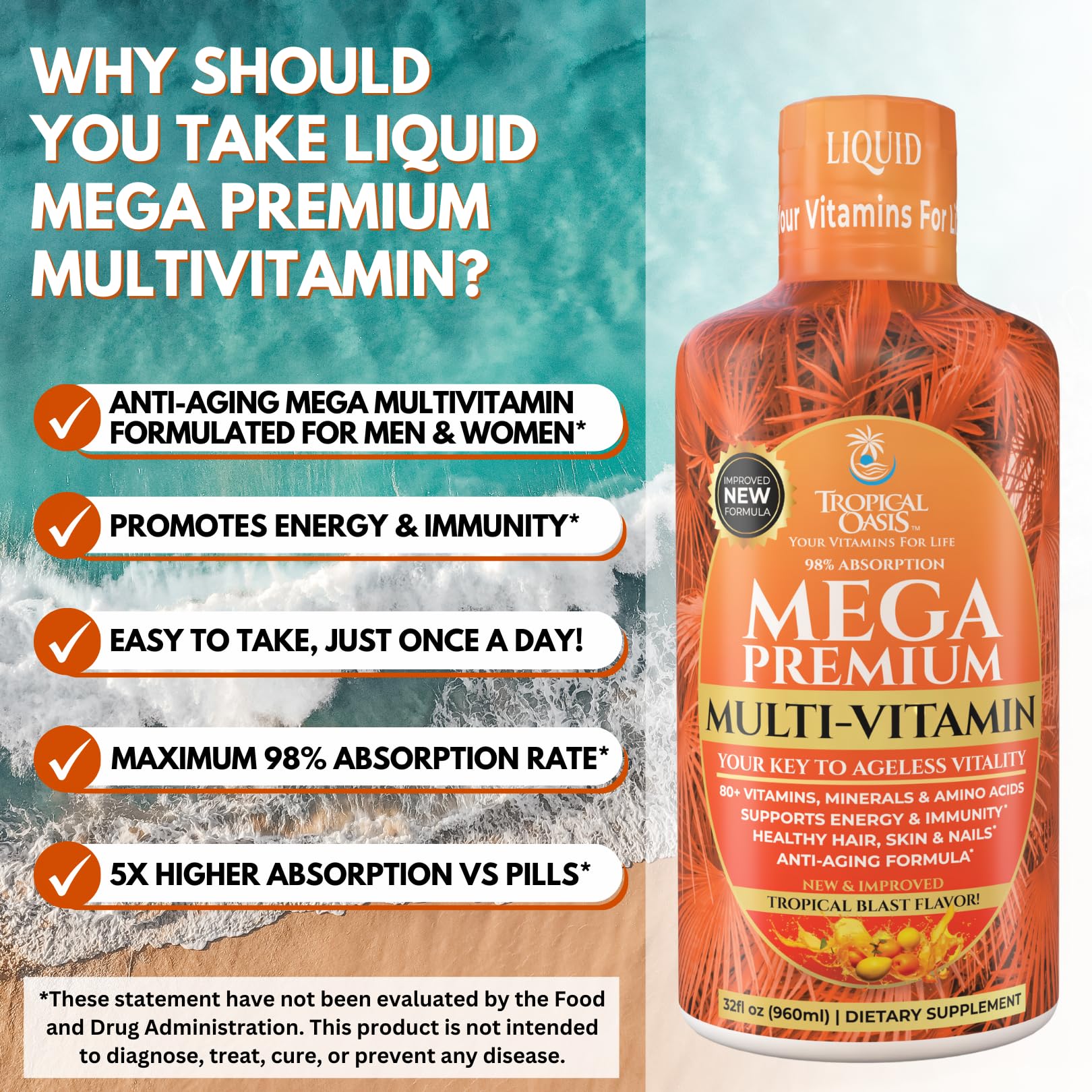 Mega Premium Liquid Multivitamin | Natural Immune Support Vitamin w/ 1333% Vitamin C, 200% D3, Zinc + 20 Vitamins, 70 Minerals, & 21 Amino Acids | Sugar Free | Orange Flavor | 98% Absorption | 32 Serv - dailyvitalstore