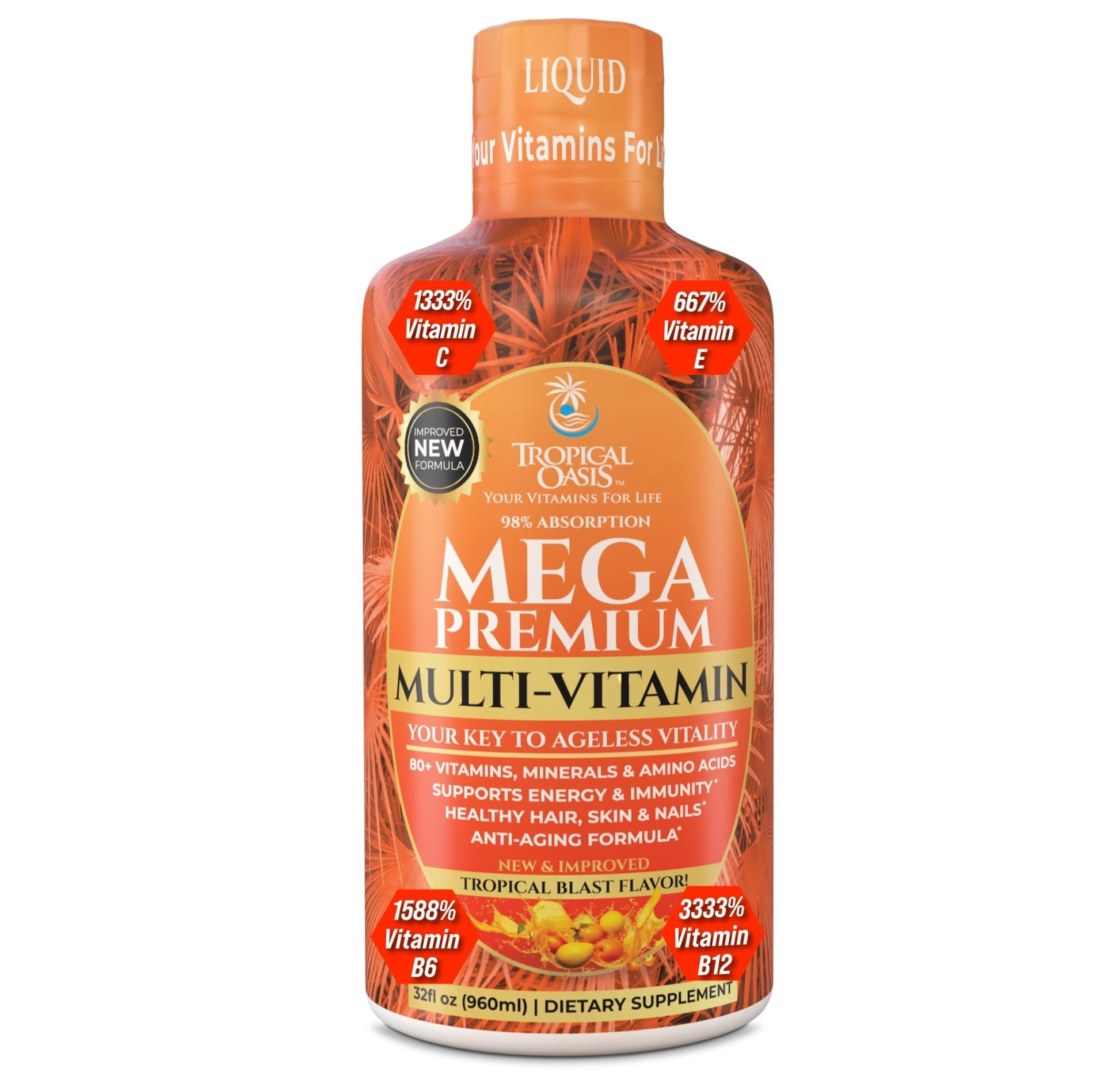 Mega Premium Liquid Multivitamin | Natural Immune Support Vitamin w/ 1333% Vitamin C, 200% D3, Zinc + 20 Vitamins, 70 Minerals, & 21 Amino Acids | Sugar Free | Orange Flavor | 98% Absorption | 32 Serv - dailyvitalstore