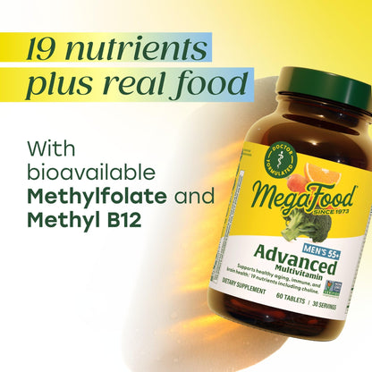 MegaFood Advanced Multivitamin for Men 55+, Mens Multivitamins 50 Plus, Methylated B12, Methyl folate, Choline, Vitamin D, Brain & Muscle Health, Immune Support, Vegetarian - 120 Tablets (60 Servings) - dailyvitalstore