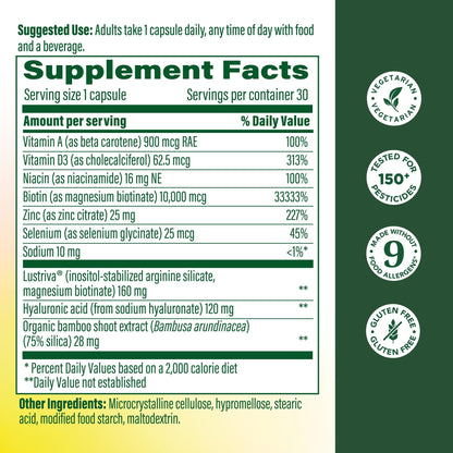 MegaFood Hair Growth – Clinically Studied Lustriva & Hyaluronic Acid - Biotin 10000mcg, Thicker & Fuller Existing Hair Growth Vitamins - 30 Vegetarian Capsules, 30 Servings - dailyvitalstore