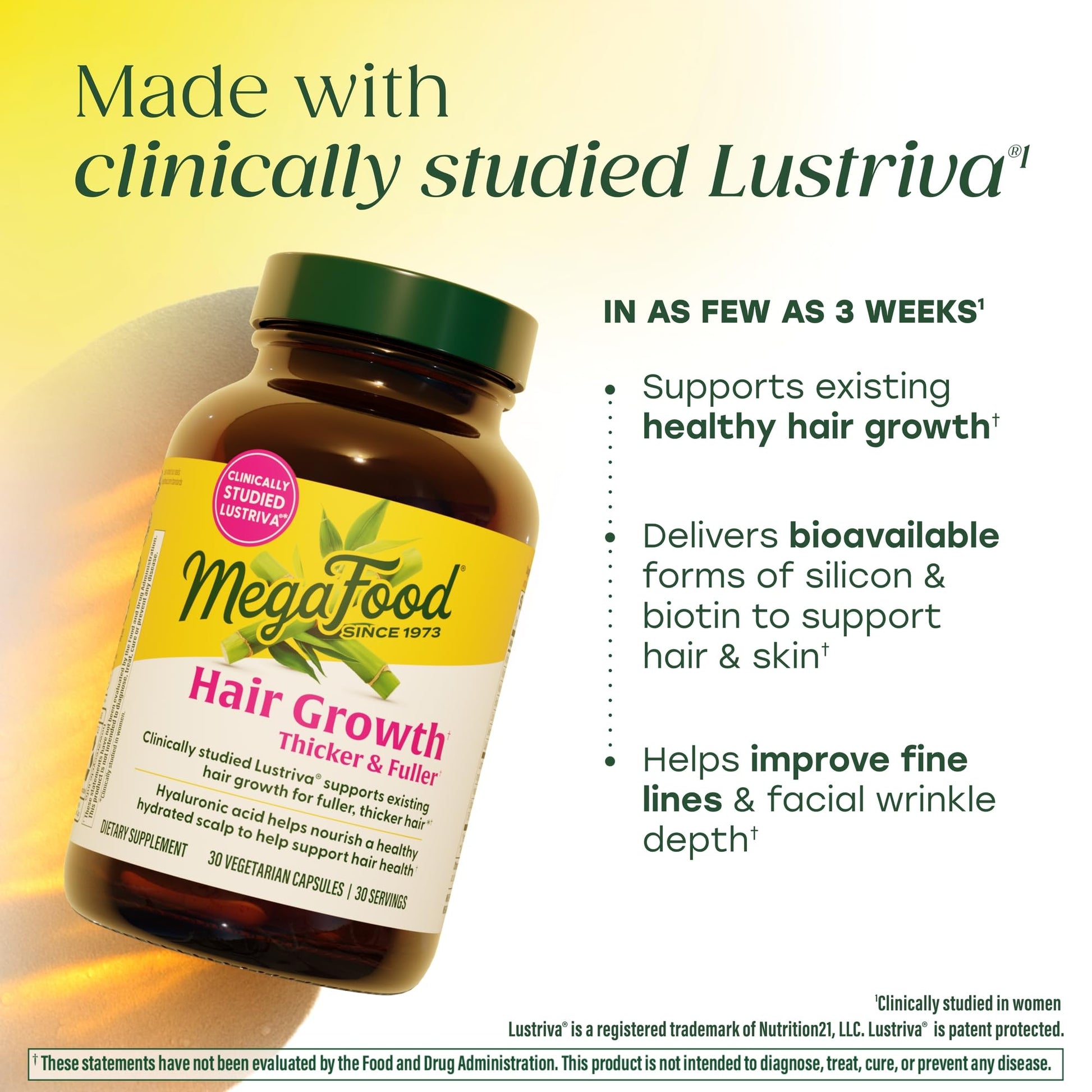 MegaFood Hair Growth – Clinically Studied Lustriva & Hyaluronic Acid - Biotin 10000mcg, Thicker & Fuller Existing Hair Growth Vitamins - 30 Vegetarian Capsules, 30 Servings - dailyvitalstore