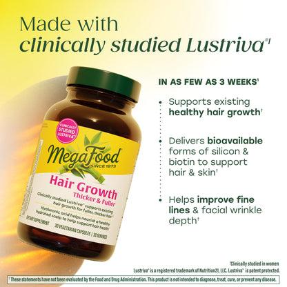 MegaFood Hair Growth – Clinically Studied Lustriva & Hyaluronic Acid - Biotin 10000mcg, Thicker & Fuller Existing Hair Growth Vitamins - 30 Vegetarian Capsules, 30 Servings - dailyvitalstore