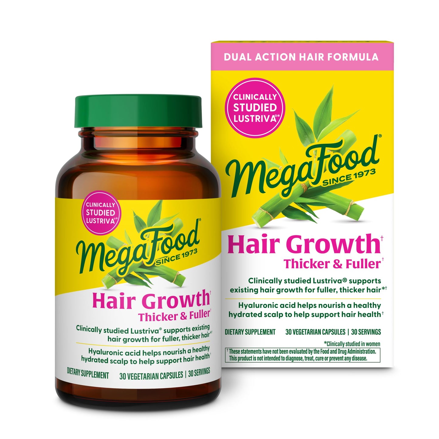 MegaFood Hair Growth – Clinically Studied Lustriva & Hyaluronic Acid - Biotin 10000mcg, Thicker & Fuller Existing Hair Growth Vitamins - 30 Vegetarian Capsules, 30 Servings - dailyvitalstore