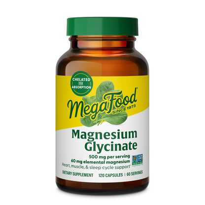 MegaFood Magnesium Glycinate 500mg - Chelated Magnesium Supplement - 60mg Elemental Magnesium - Gentle on the Stomach - Supports Normal Sleep Cycle & Healthy Stress Response - 120 Capsules 60 Servings - dailyvitalstore