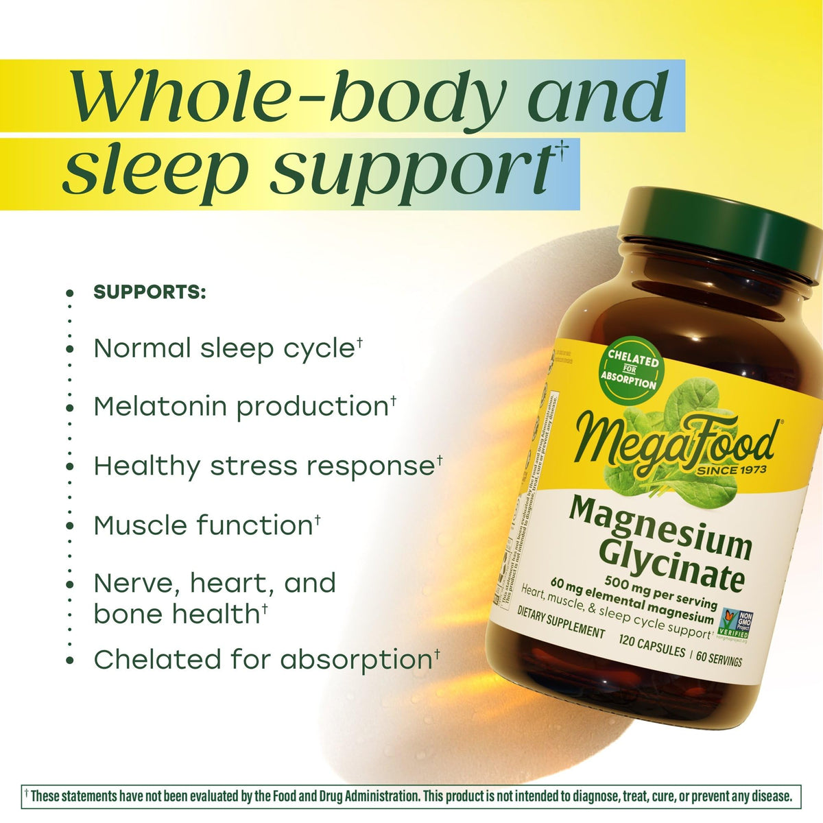 MegaFood Magnesium Glycinate 500mg - Chelated Magnesium Supplement - 60mg Elemental Magnesium - Gentle on the Stomach - Supports Normal Sleep Cycle & Healthy Stress Response - 120 Capsules 60 Servings - dailyvitalstore