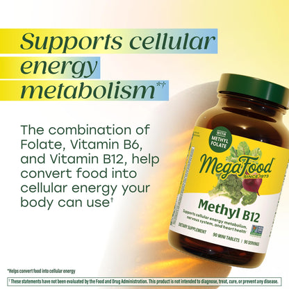 MegaFood Methyl B12 - Vegan - Includes Methyl Folate, Vitamin B12 & B6 - Supports Cellular Energy Production, Nervous System Health - dailyvitalstore