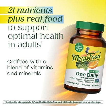 MegaFood One Daily Iron Free Multivitamin - Multivitamin for Women and Men - with Real Food - Immune Support Supplement - Bone Health - Energy Metabolism - Vegetarian; Non-GMO; No Iron - 60 Tablets - dailyvitalstore