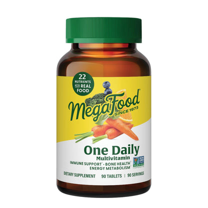 MegaFood One Daily Multivitamin for Women and Men, Immune Support Supplement with Real Food, Vitamin C & Vitamin B, Bone Health, Cellular Energy Metabolism, Vegetarian, Non-GMO, 90 Tablets - dailyvitalstore